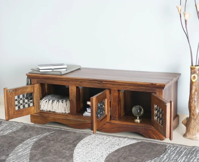 PRITI Solid Wood Three Doors Bench Shoe Rack