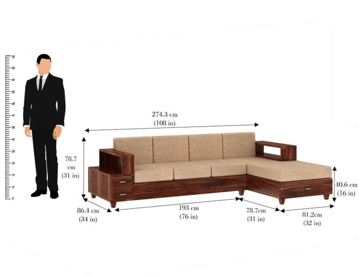PRITI Solid Wood 4 Seater L Shape Sofa (Natural Finish)