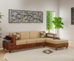 PRITI Solid Wood 4 Seater L Shape Sofa (Natural Finish)