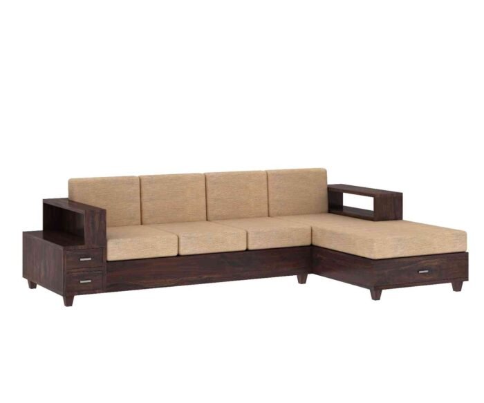 PRITI Solid Wood 4 Seater L Shape Sofa (Walnut Finish) PRITI Solid Wood 4 Seater L Shape Sofa (Walnut Finish)