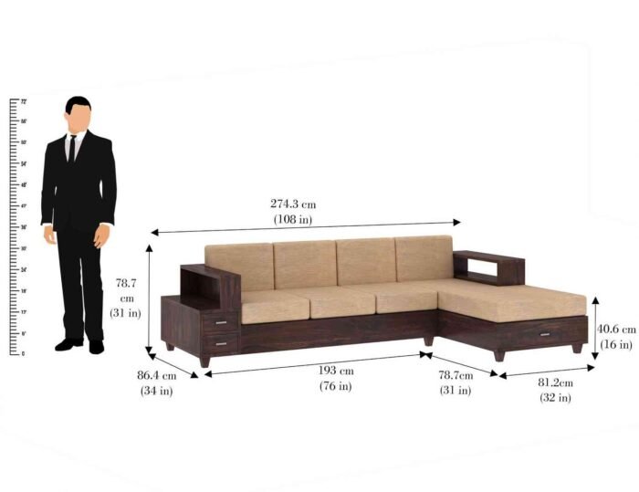 PRITI Solid Wood 4 Seater L Shape Sofa (Walnut Finish) PRITI Solid Wood 4 Seater L Shape Sofa (Walnut Finish)