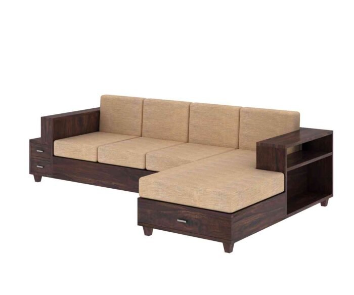 PRITI Solid Wood 4 Seater L Shape Sofa (Walnut Finish) PRITI Solid Wood 4 Seater L Shape Sofa (Walnut Finish)
