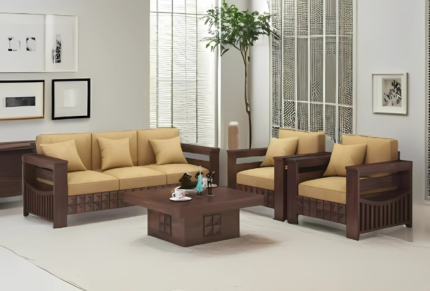 PRITI Solid Wood 5 Seater Sofa Set (Walnut Finish, 3+1+1)